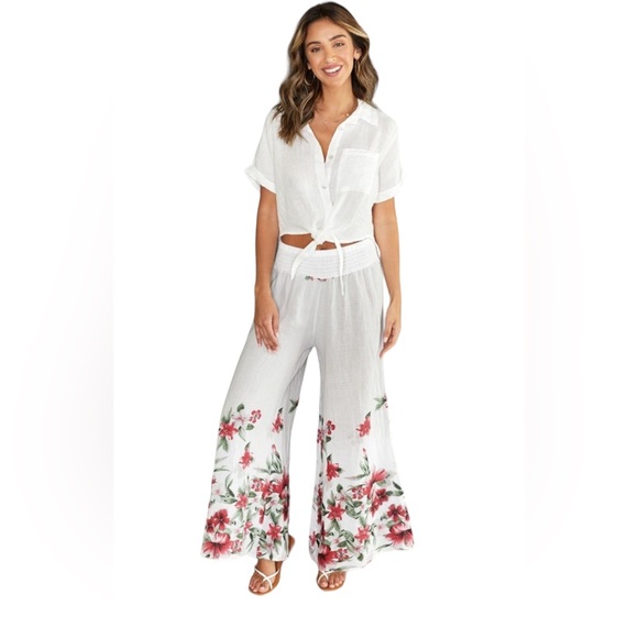 NWOT Venti 6 HAWAIIAN FLORAL PRINT LINEN WIDE LEG PALAZZO Pant - Picture 2 of 4